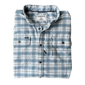 Poncho Outdoors Men XL Regular Fit Blue Plaid Magnetic Pocket Flannel Shirt